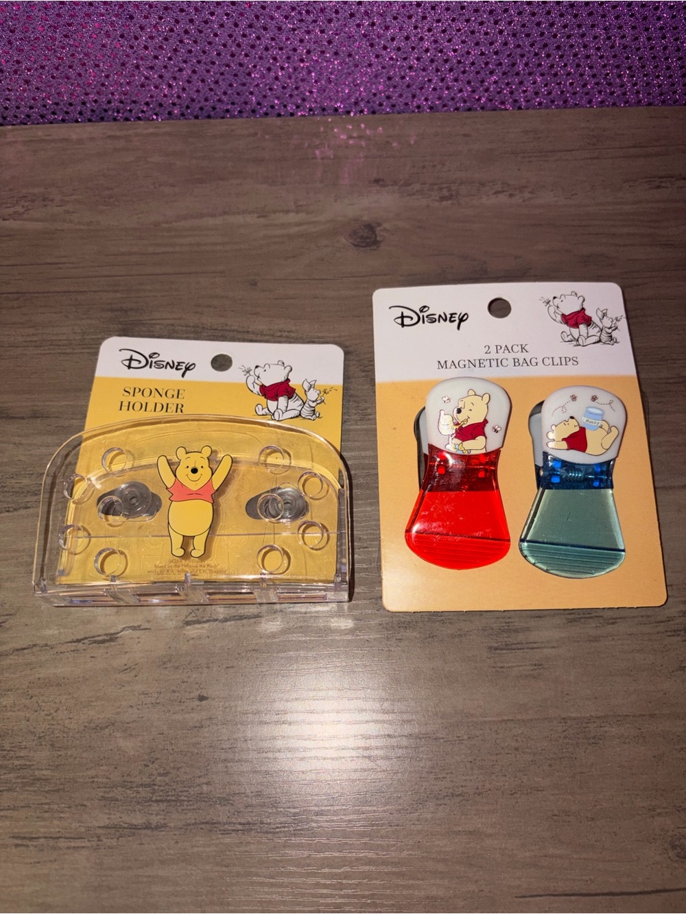 🆕💜Disney Winnie the Pooh Kitchen Bundle Sponge Holder + 2 Magnetic Bag Clips Set